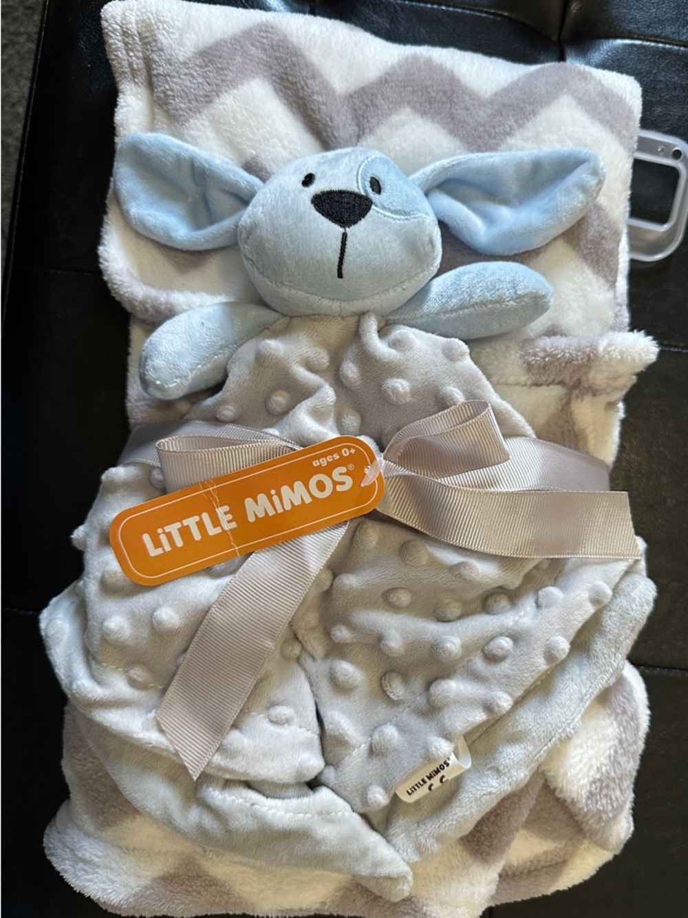 Little Mimos 2 Blanket Set, Security Blanket with Blue Dog/Plush Blanket Grey